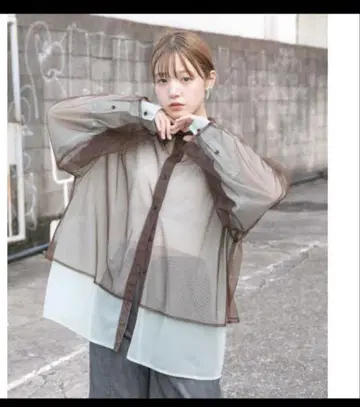 시스루 긴팔 셔츠 브라운 민트 KBF 시어 탑