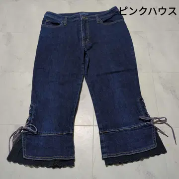 핑크하우스 다크 블루 플레어 컷 데님 밑단 레이스