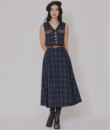 레이디 아젤 클래시컬 체크 베스트 & 플레어 스커트 셋업
