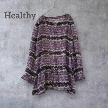 [ Healthy ] 실크 100% 시어 튜닉 꽃무늬 긴팔 밴드 카라