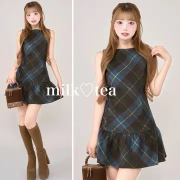 택 포함 새상품 다리치 타탄 체크 슬리브리스 미니 원피스 블루 프리