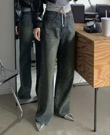 shaggie 오로라 큐빅 장식 빈티지 루즈 데님 팬츠 L