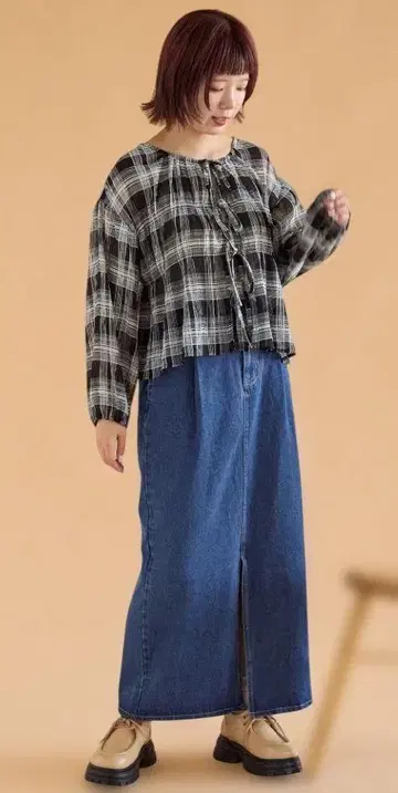 에카 소포 체크 리본 블라우스
