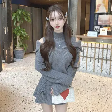 Lumignon 오프숄더 지퍼 니트 리본 스커트 셋업