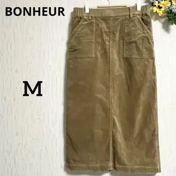 BONHEUR 베이지 코듀로이 미디 기장 스커트 허리밴딩 M