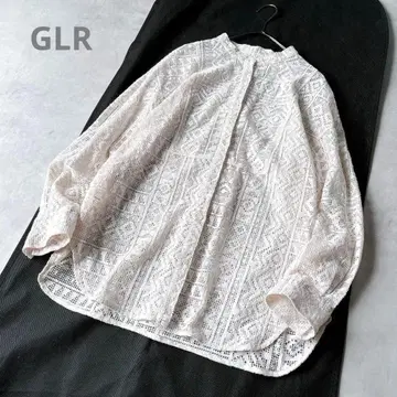 그린 레이블 시어 자수 레이스 블라우스 비침 밴드 카라