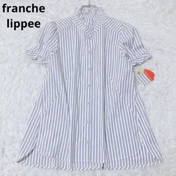 프랑슈리페 반팔 블라우스 셔츠 스탠딩 칼라 프릴 일본제 스트라이프 M