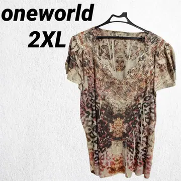 oneworld 올 패턴 T셔츠 V넥 [ 2XL ] 에스닉풍 애니멀 무늬