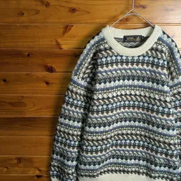 니트 스웨터 M 노르딕 패턴 페어아일 패턴 기하학 패턴 울 구제 의류