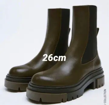 ZARA 트랙 밑창 가죽 앵클 부츠 40 카키 첼시