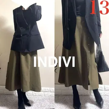 빅 사이즈! INDIVI 인디비 A 라인 롱 스커트 카키 13