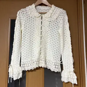 핑크하우스 가디건 레이스 리본 꽃 화이트