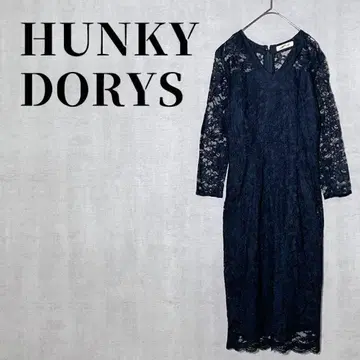 HUNKY DORYS V넥 전체 레이스 원피스 긴팔 파티 드레스 블랙
