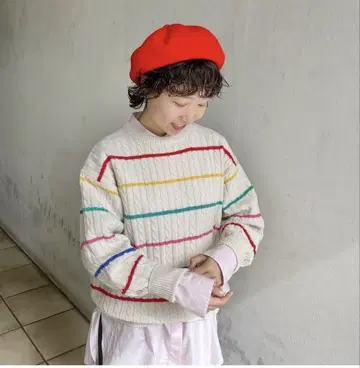 CHILD WOMAN 케이블 짜임 보더 스웨터