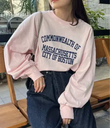 [ 새상품 ] USA 코튼 프린트 소매 볼륨 슬리브 로고 롱 Tee 핑크