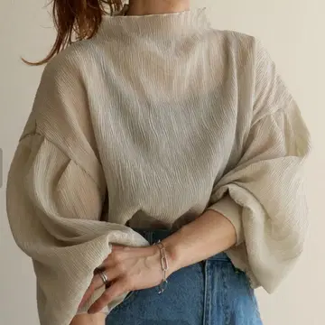 zena 하이넥 랜덤 플리츠 슬리브 블라우스