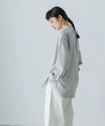 카구레 코튼 실크 백리본 블라우스 그레이