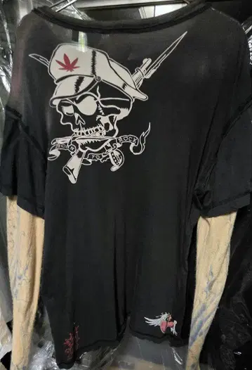 Ed Hardy 롱티 레이어드 디자인 소매 캐시미어