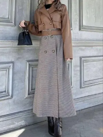 리젝시 인조 가죽 브라운 체크 롱 코트 새상품급