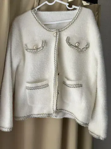 노카라 자켓 화이트 펄 장식