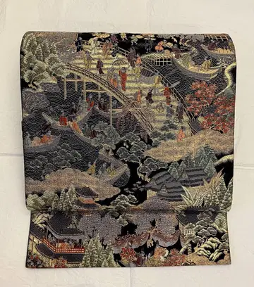중고 후쿠로 오비 순수 실크 교토 그림 두루마리 산조 대교