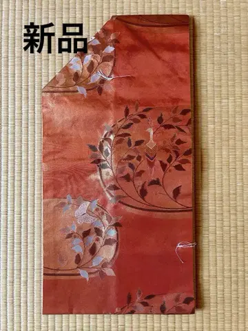 나고야 오비 오렌지 계열 잎과 새와 나비 무늬