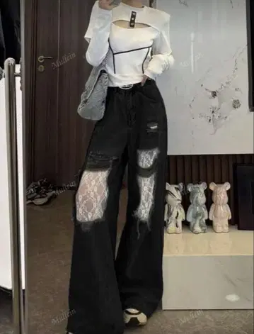 레이스 데미지 데님 블랙 L