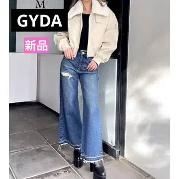 GYDA 와이드 데님 하이웨스트 레이스 디자인 플레어 데님 팬츠