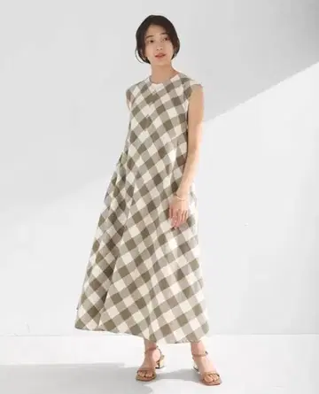 Bou Jeloud 린넨 체크 플레어 맥시 원피스 미사용 택 포함