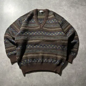 빈티지 V넥 브라운 노르딕 빅 루즈 레트로 니트 스웨터
