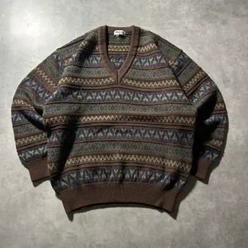 빈티지 V넥 브라운 노르딕 빅 루즈 레트로 니트 스웨터