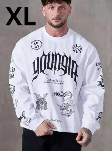 YOUNGLA 데미지 가공 긴팔 맨투맨 화이트 XL