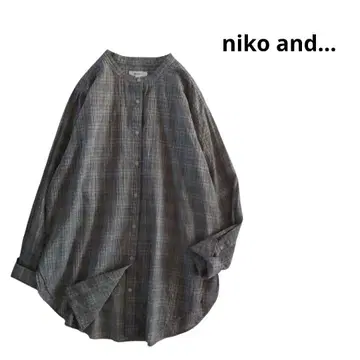 niko and - 셔츠 긴팔 밴드 카라 체크 얇은 소재 M