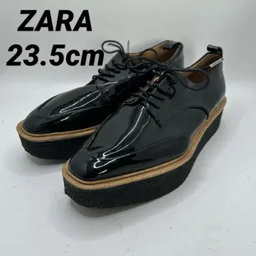 새상품급 자라 에나멜 레이스업 슈즈 블랙 통굽 37 ZARA 23.5cm