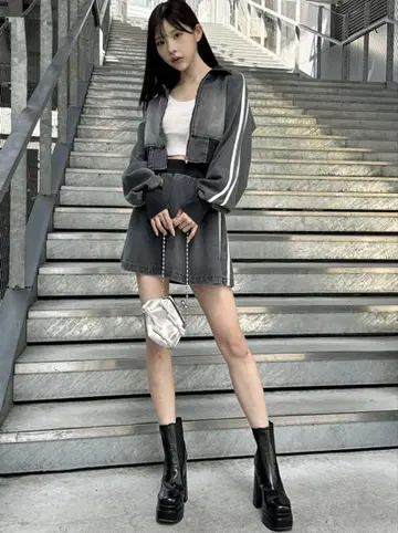 GRL 라인 블루종 x 플레어 스커트 데님 셋업[qu91]