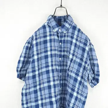 G7592*LACOSTE 라코스테 반팔 린넨 체크 무늬 셔츠 파랑