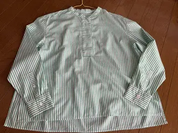 휴먼 우먼 그린 스트라이프 긴팔 밴드 카라 셔츠