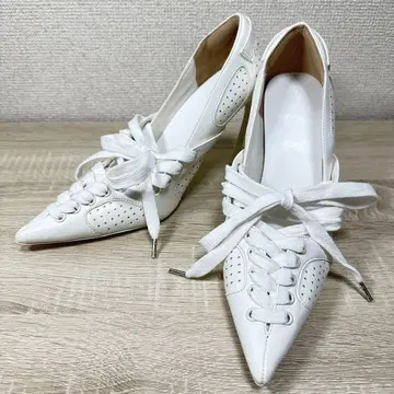 옐로우 화이트 레이스업 하이힐
