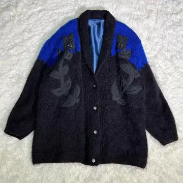 빅 사이즈 모헤어 터치 니트 가디건 꽃무늬 블랙 파랑 루즈핏 레트로