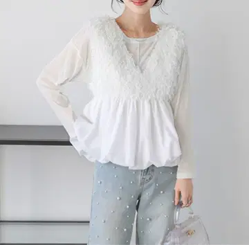 AMELY 페더 프린지 벌룬 플럼 베스트 깊은 V넥