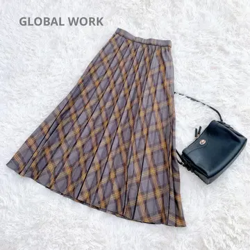 플리츠 스커트 브라운 체크 미디엄 기장 허리밴딩