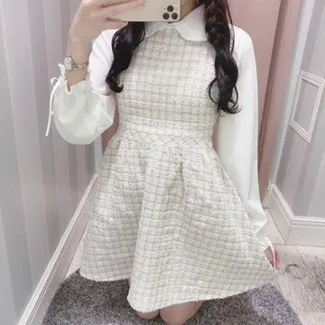 evelyn 트위드 개더 원피스 트위드 원피스 하운드투스 체크 패턴