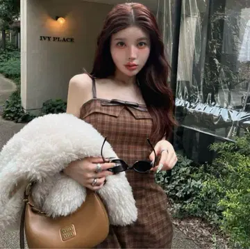 Darich 가죽 리본 체크 롱 원피스
