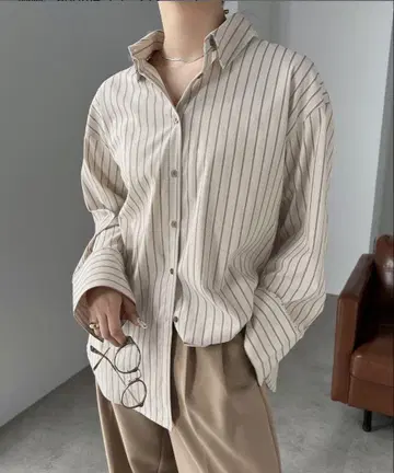 앤도미 스트라이프 오버 사이즈 긴팔 셔츠 베이지 x 브라운