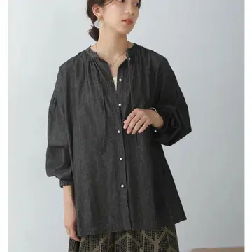 새상품급*부즈루드 펄 버튼 밴드 카라 리본 데님 셔츠 루즈핏
