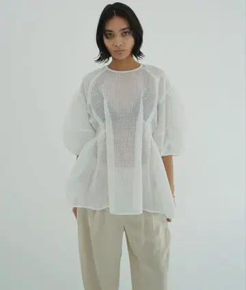 CLANE SHEER PLAID VOLUME SLEEVE TOPS