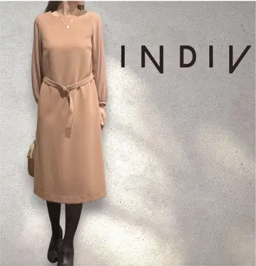 새상품급 INDIVI 인디비 핑크 브라운 긴팔 무릎 기장 원피스 36