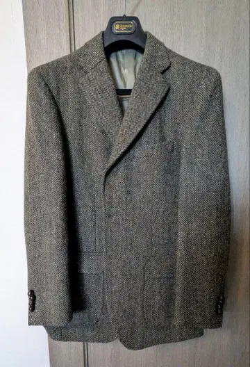 테이진 남성용샵제 그린 그레이 헤링본 트위드 자켓