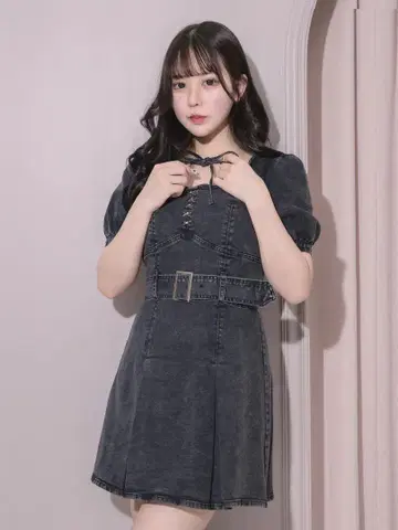 pium 플리츠 벨트 데님 미니 원피스