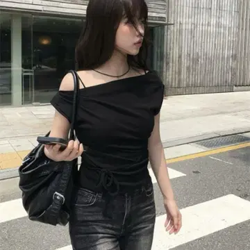 anyonemore 언밸런스 넥 오프숄더 드레이프 리본 T셔츠